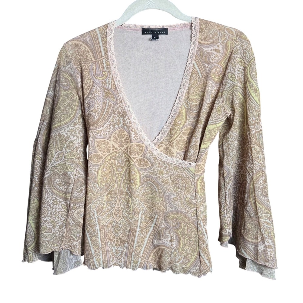 ⁠Weston Wear Vintage Y2K Mesh Paisley Wrap Top M Lace Trim Bell Sleeves Boho⁠